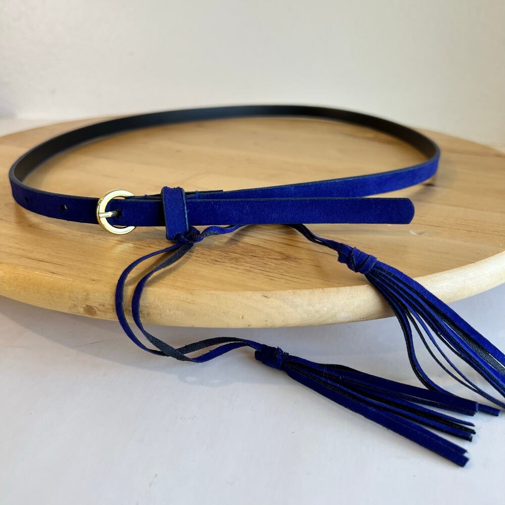 Blue Tassel Vegan Suede Leather Thin Skinny Golden Buckle Belt Size Medium